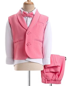 Babyhug Knitted Solid Colour Waistcoat Set With Full Sleeves Shirt- Pink