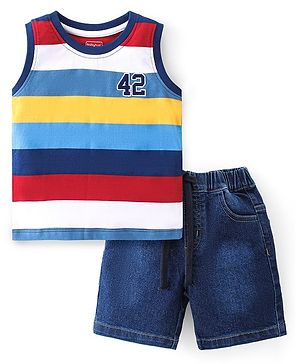 Babyhug 100% Cotton Knit Single Jersey Sleeveless T-Shirt & Denim Shorts With Striped & Number Embroidery - Multicolour