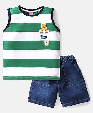 Babyhug Cotton Knit Single Jersey Sleeveless T-Shirt & Denim Shorts With Striped & Letter Patch - Green White & Blue