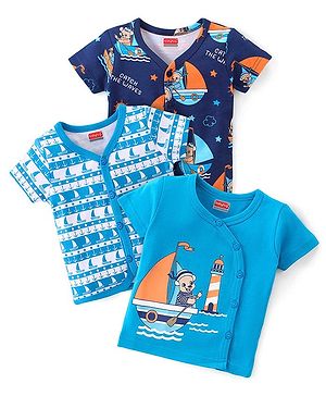 Babyhug 100% Cotton Kint Half Sleeves Front Open Vests Boat Print Pack of 3 - Multicolor