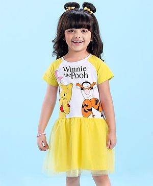 Babyhug Disney Knit Raglan Half Sleeves Winnie The Pooh Printed Frock - Yellow