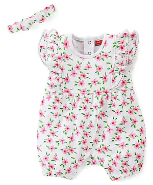 Babyhug 100% Cotton Knit Frill
                              Sleeves Floral Printed Romper with
                              Headband - White
