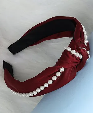 Jewelz Cross Knot Detailed Pearl Embellished Hair Band - Maroon