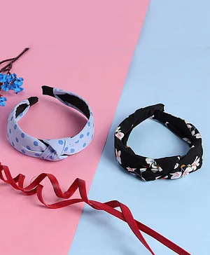Jewelz Set Of 2 Cross Knot Floral Printed Hair Bands - Black & Blue