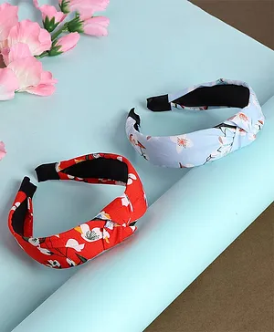 Jewelz Set Of 2 Cross Knot Floral Printed Hair Bands - Red & Blue