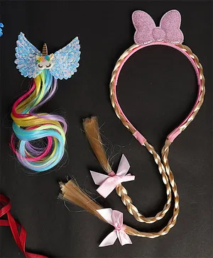 Jewelz Set Of 2 Twisted Ribbon Hair Detailed Hair Band With Sequin Unicorn Embellished Hair Clip - Pink & Blue