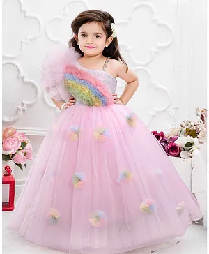 Pink Net Frock With Rainbow Pattern Ruffle Design For Girls