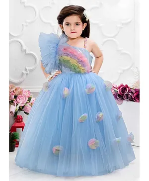 Blue Net Frock With Rainbow Pattern Ruffle Design For Girls