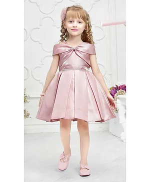 Elegant Peach Satin Frock With Bow Style Neckline For Girls