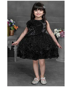 Shiny Sequin Black Net Partywear Frock With Floral Embellishment For Girls