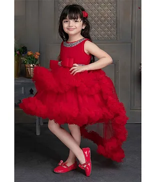 Red Net Tailback Frock With Bow Embellishment For Girls