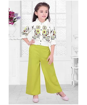 Lagorii Stylish Printed White Top With Green Palazzo Set For Girls