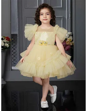 Lagorii Yellow Sequin Ruffle Frock With Flower Embellishments For Girls