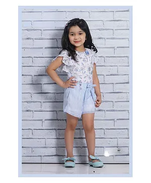 Lagorii White Chiffon Floral Printed Top With Blue Shorts Set For Girls