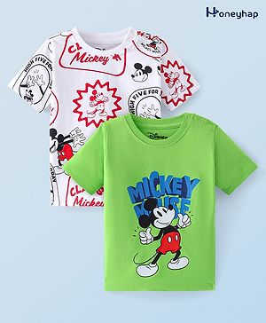 Honeyhap Disney Cotton Knit Half Sleeves T-Shirts With Mickey Mouse Graphics Pack Of 2 - White & Green