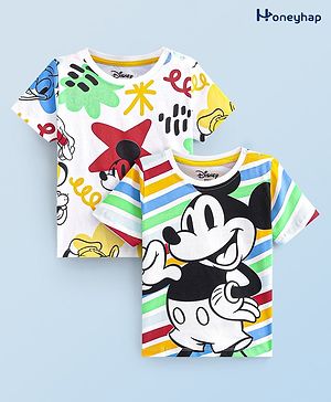 Honeyhap Disney Cotton Knit Half Sleeves T-Shirts With Mickey Mouse Print Pack of 2 - Multicolor