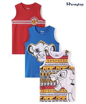 Honeyhap Disney Cotton Knit Sleeveless T-Shirt with Lion King Print Pack of 3 - Red Blue & Yellow