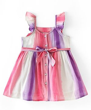 Babyhug Cotton Woven Frill Sleeves Frock with Striped Designs - Multicolour