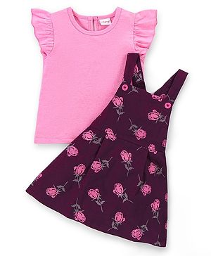 Babyhug Cotton Woven Frill Sleeves T-Shirt With Frock Floral Print - Pink