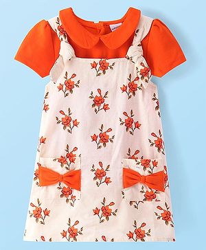Babyhug Cotton Woven Floral Printed Frock with Half Sleeves Inner T-Shirt Bow Applique & Pockets - Orange & White