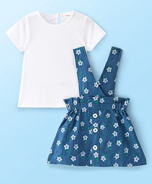 Babyhug Cotton Knit Floral Printed Frock With Half Sleeves Inner T-Shirt - White & Blue