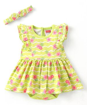 Babyhug 100% Cotton Knit  Sleeveless Onesies with Hairband Floral Print - Green