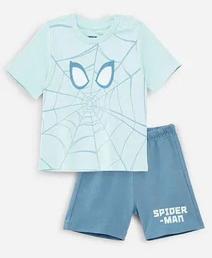 Nap Chief Pure Cotton Marvel Avengers Featuring Half Sleeves Spiderman Printed Tee With Shorts - Blue