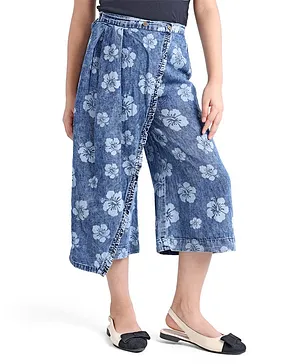 Arias Cotton One Side Overlap With Flared Hem Three Fourth Length Culottes Pant Mid Wash Floral Print - Blue