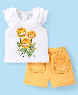 Babyhug Single Jersey Half Frilled Sleeves Flower Printed Top & Polka Dot Printed Shorts Set - White & Yellow