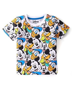 Babyhug Disney Cotton Half Sleeve T-Shirt With Mickey Mouse All Over Print - White