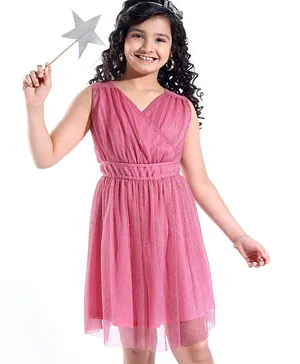 Hola Bonita Knit Sleeveless Glitter Mesh Fabric Knee Length Solid Dress - Pink