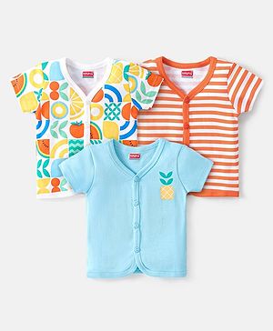 Babyhug 100% Cotton Knit  Half Sleeves Front Open Vests  Striped & Fruit Print Pack of 3 - Multicolour