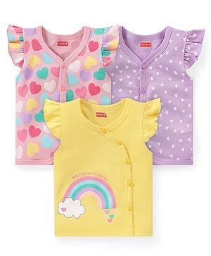 Babyhug 100% Cotton Knit Front Open Frill Sleeves Heart Printed Vest Pack of 3 - Multicolour
