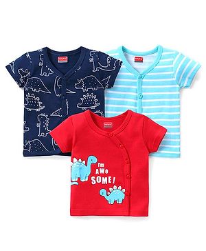 Babyhug 100% Cotton Knit Half Sleeves Striped & Dino Printed Set of Vests Pack of 3 - Multicolour