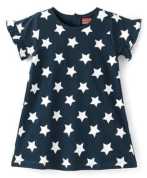 Babyhug Cotton Knit Half Sleeves Nighty With Stars Print - Navy