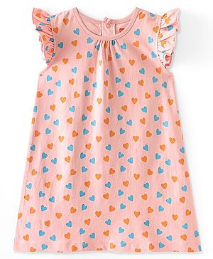 Babyhug Cotton Knit Frill Sleeves Nighty Heart Print - Pink