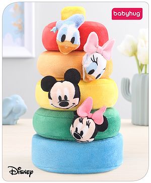 Babyhug 5 Pcs Disney Mickey And Friends Plush Stacking Ring Toy| 4 Rings and 1 Base Soft Stacking Toy| STEM Montessori Learning Toy for 1 - 3 Years Kids| Boost Motor Skills Creativity & Hand Eye Co-ordination| BIS Certified