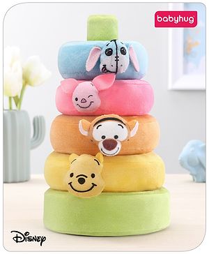Babyhug 5 Pcs Disney Winnie The Pooh And Friends Plush Stacking Ring| 4 Rings and 1 Base Soft Stacking Toy| STEM Montessori Learning Toy for 1 - 3 Years Kids| Boost Motor Skills Creativity & Hand Eye Co-ordination| BIS Certified