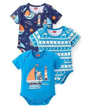 Babyhug 100% Cotton Knit Interlock Half Sleeves Onesies With Light House & Boat Pack Of 3 - Blue