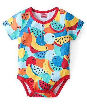 Babyhug 100% Cotton Knit Half Sleeves Onesie With Fruits Print - Blue