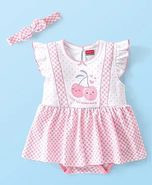 Babyhug 100% Cotton Knit Single Jersey Frill Sleeves Onesie with Cherry Print - White & Pink