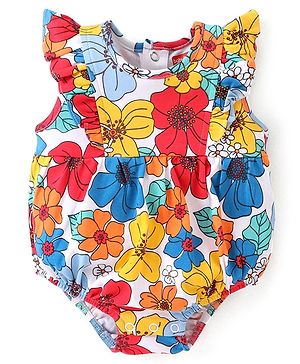 Babyhug 100% Cotton Knit Frill Sleeves Onesies Floral Print - Blue White & Red