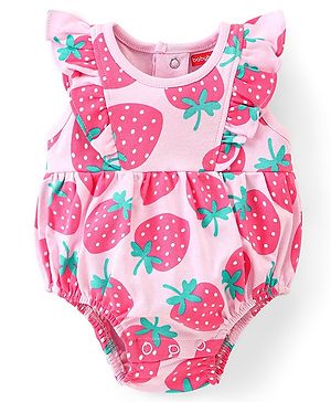 Babyhug 100% Cotton Knit Frill Sleeves Strawberry Printed Onesie - Pink