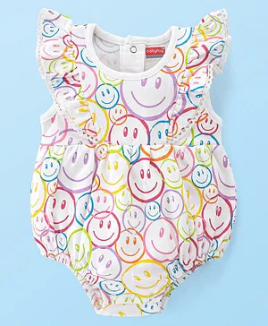 Babyhug 100% Cotton Frill Sleeves
                              Onesie Emoji Print - Multicolor