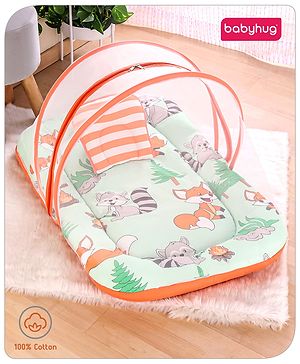 Babyhug Cotton Mattress Set with Mosquito Net Fox Print- Pista Green