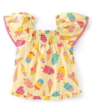 Babyhug 100% Cotton Woven Half Sleeves Cropped Top With Smocking, Lace Detailing & Ice Cream Print - Yellow