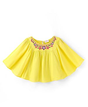 Babyhug Rayon Woven Half Sleeves  Top with Frills & Floral Embroidery Detailing - Yellow