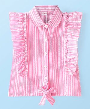 Babyhug Cotton Woven Sleeveless Striped Top with  Frill & Knot Detailing  - Pink