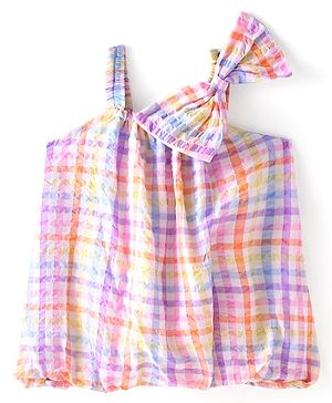 Babyhug  Cotton Woven Sleeveless Checked   Top with Bow Applique - Multicolour