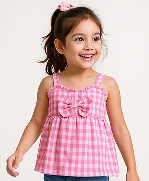 Babyhug Cotton Checked Sleeveless Woven Top With Bow Detailing - Pink